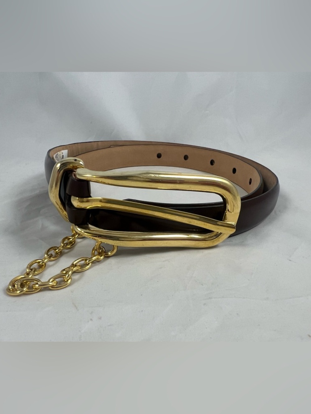 Women’s Brown Italian Calfskin Leather Belt Gold Buckle With Chain Detail Size M